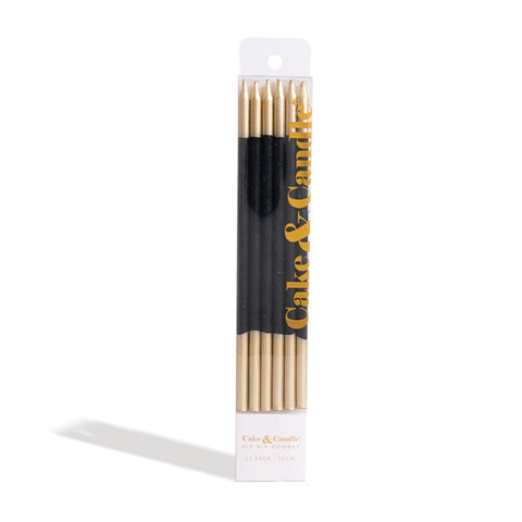 15cm Gold Double Dipped Cake Candles - Black (Pack of 12)