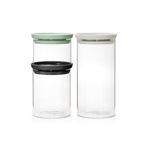 Stackable Glass Jar 3 Piece Set with Soft Tone Lids (0.3/0.6/1.1 Litre)