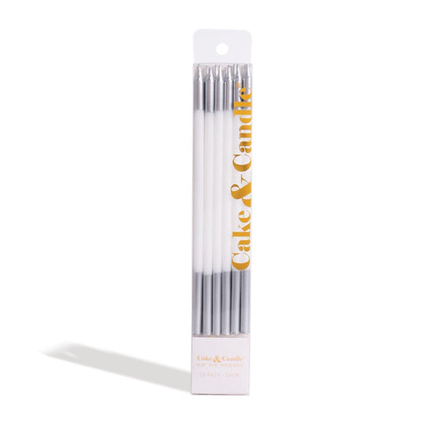 15cm Silver Double Dipped Cake Candles - White (Pack of 12)