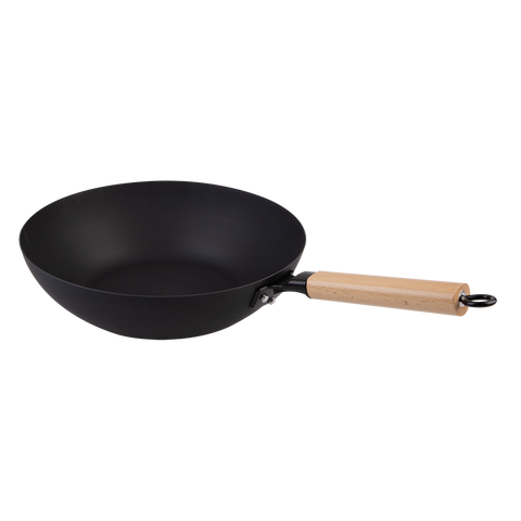 Black Carbon Steel Pre-Seasoned Stir Fry Pan 30cm Dia. W/ Beechwood Handle