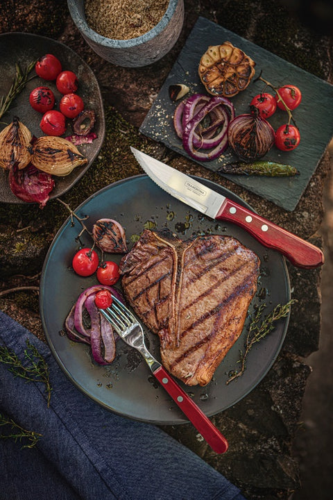 Churrasco 4-Piece Jumbo Flatware Set with Stainless-Steel Blades and Treated Red Poly wood Handles