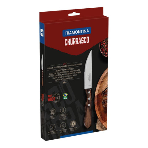 4-Piece Jumbo Steak Knife Set Stainless-Steel and Treated Brown Polywood handles