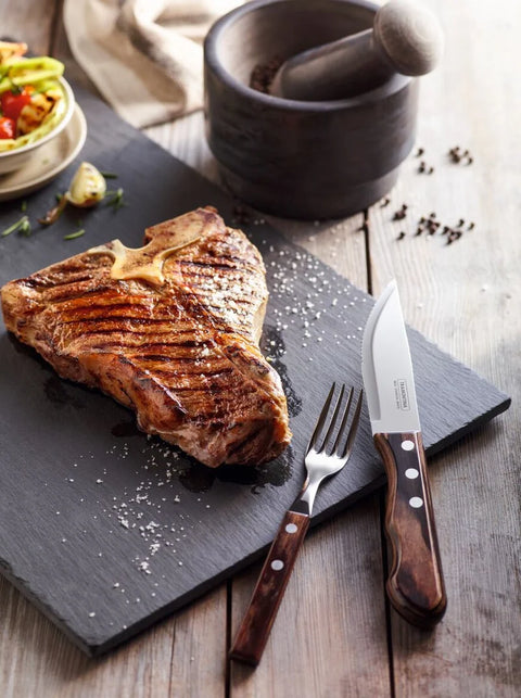 4-Piece Jumbo Steak Knife Set Stainless-Steel and Treated Brown Polywood handles