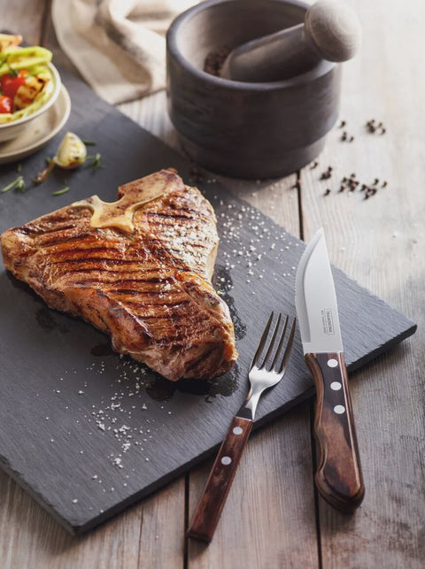4-Piece Jumbo Steak Knife Set Stainless-Steel and Treated Brown Polywood handles