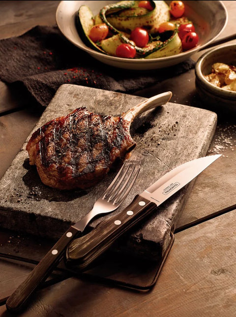 4-Piece Jumbo Steak Knife Set Stainless-Steel and Treated Brown Polywood handles