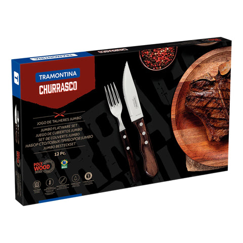 12 Piece Poly Wood Jumbo Steak Knife Set with Brown Handles