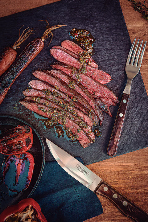 12 Piece Poly Wood Jumbo Steak Knife Set with Brown Handles