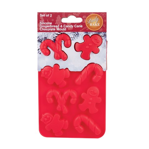 Silicone Gingerbread & Candy Cane 8 Cup Chocolate Mould Set 2 - Red