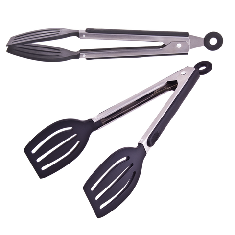 Stainless Steel Spatula Tongs With Lock & Rubber Grip 23CM - Black