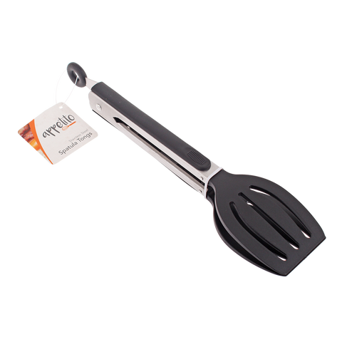 Stainless Steel Spatula Tongs With Lock & Rubber Grip 23CM - Black