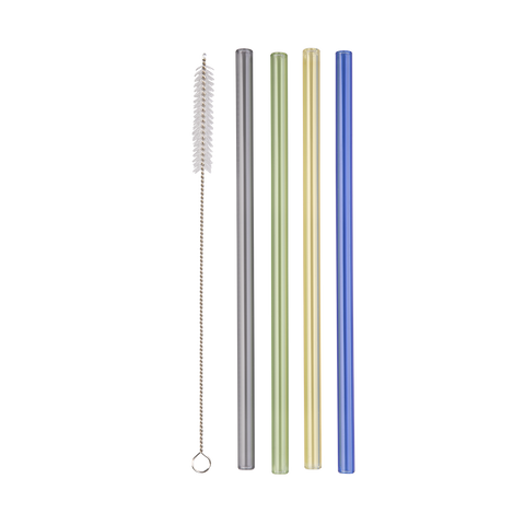 Glass Straight Straw Set 4 W/ Brush - Asst. Colours