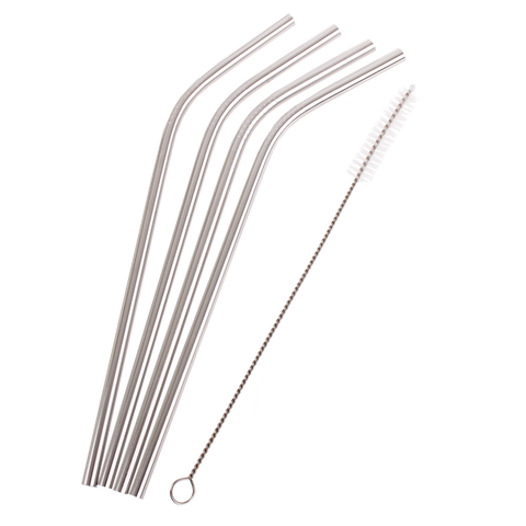 Stainless Steel Bent Drinking Straws Set 4 W/ Brush