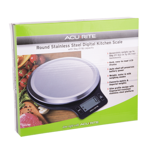 Round Stainless Steel Digital Kitchen Scale 1G/5Kg - Black