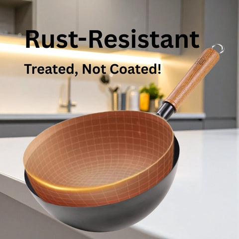 Rust-Resistant Lightweight Iron Wok with Glass Lid - 24cm