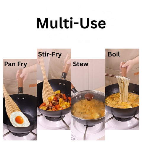 Rust-Resistant Lightweight Iron Wok with Glass Lid - 24cm