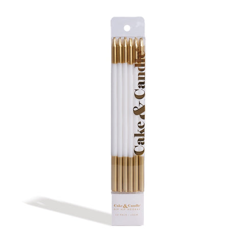 15cm Gold Double Dipped Cake Candles - White (Pack of 12)