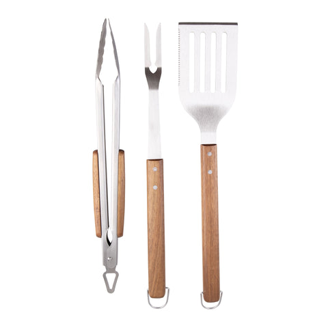 3 Piece BBQ Tool Set Acacia Handles with Carry Case