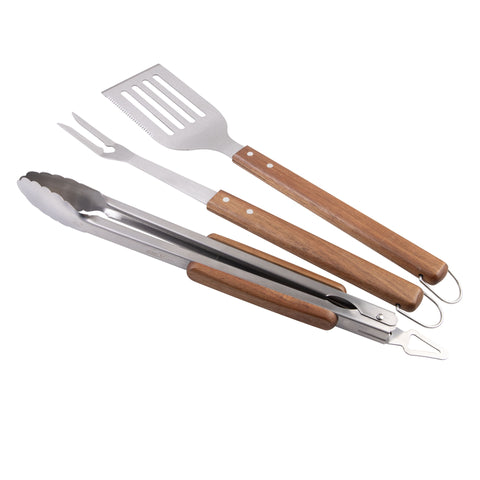 3 Piece BBQ Tool Set Acacia Handles with Carry Case