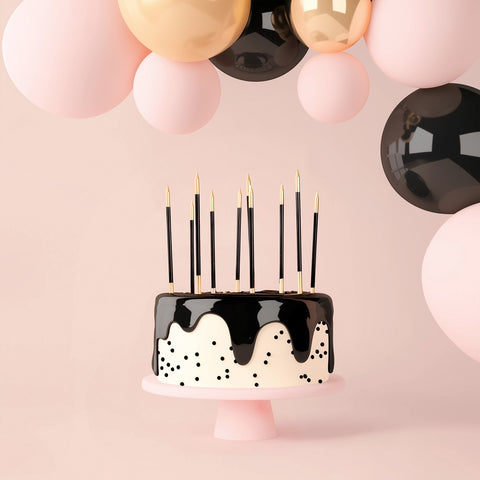15cm Gold Double Dipped Cake Candles - Black (Pack of 12)
