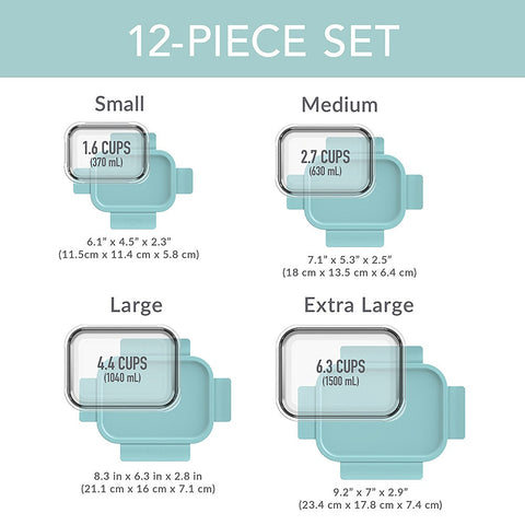 12 Piece Rectangle Glass Food Storage Set - Soft Aqua