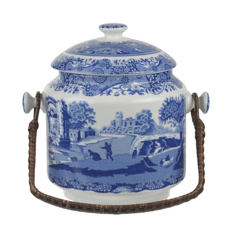 Blue Italian Biscuit Barrel With Rattan Handle 9"/23cm