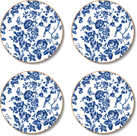 Round French Rose Toile Glass Coasters