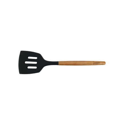 Black Silicone Slotted Lifter With Acacia Handle