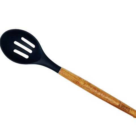 Acacia Handle With Black Silicone - Slotted Spoon