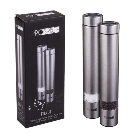 Pilot Stainless Steel Slimline Battery Operated Salt & Pepper Mill Set 18cm