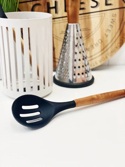 Acacia Handle With Black Silicone - Slotted Spoon
