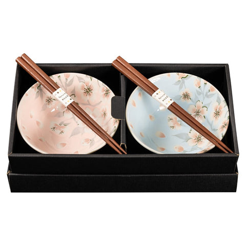 Omotenashi EDAZAKURA Set 2 Bowls & 2 Chopsticks - Pink & Blue 15Dx7H