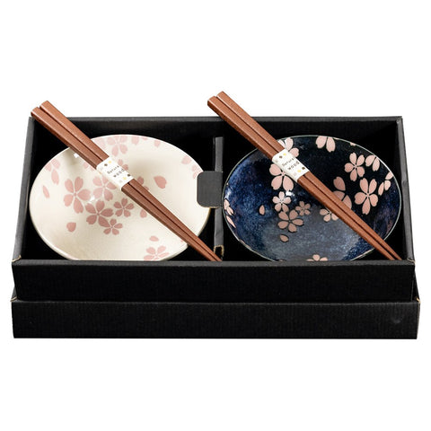 Omotenashi HASSUIZAKURA Set 2 Bowls & 2 Chopsticks - White & Blue 15Dx7H