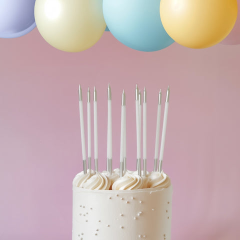 15cm Silver Double Dipped Cake Candles - White (Pack of 12)