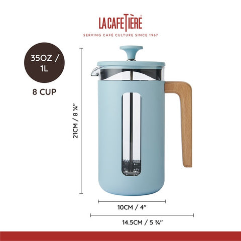 Pisa Stainless Steel Cafetière, Sky Blue, Eight Cup, Gift Boxed