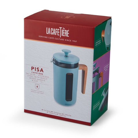 Pisa Stainless Steel Cafetière, Sky Blue, Eight Cup, Gift Boxed